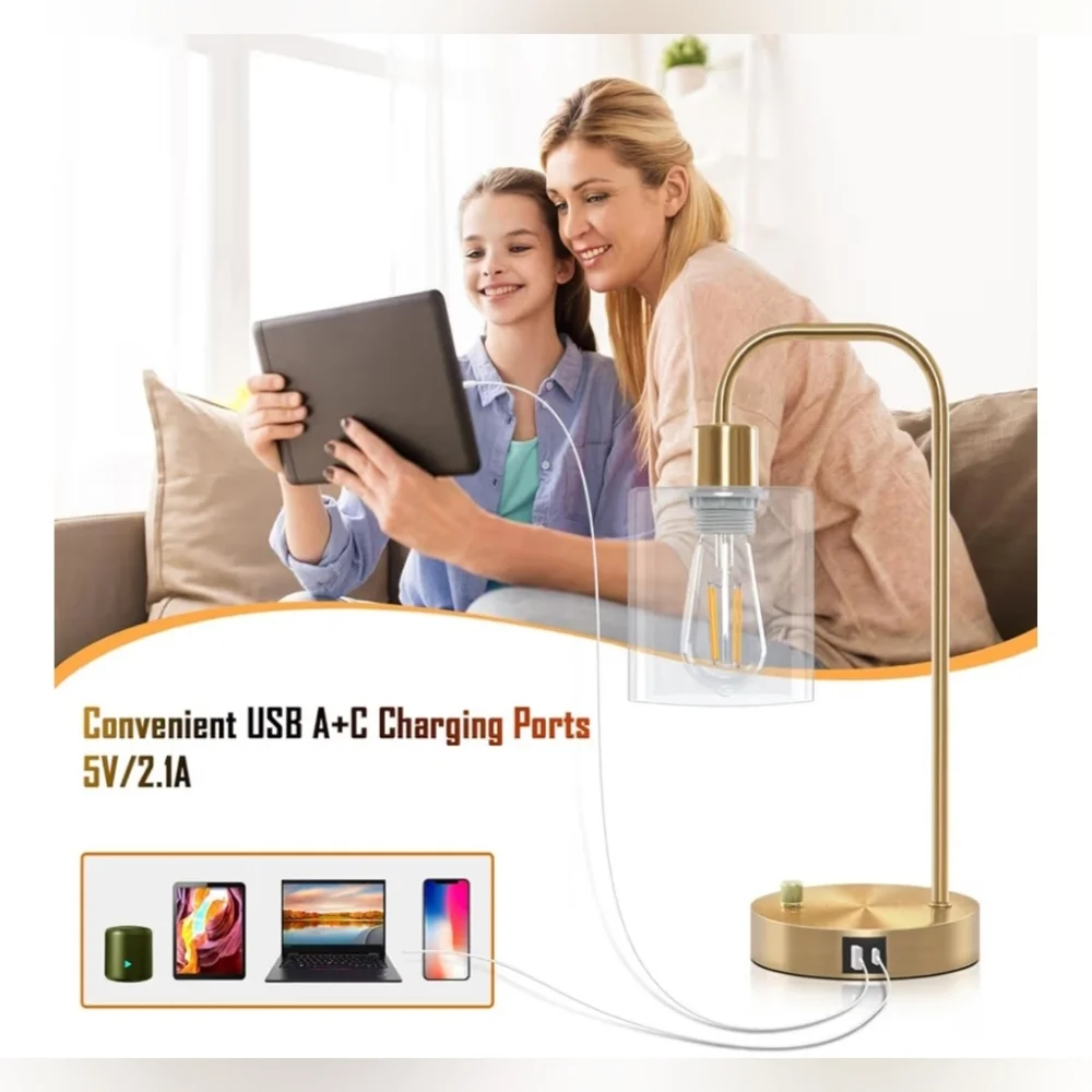 Gold Industrial 3-Way Dimmable Touch Control Table Lamps w/ USB Ports (Set of 2)